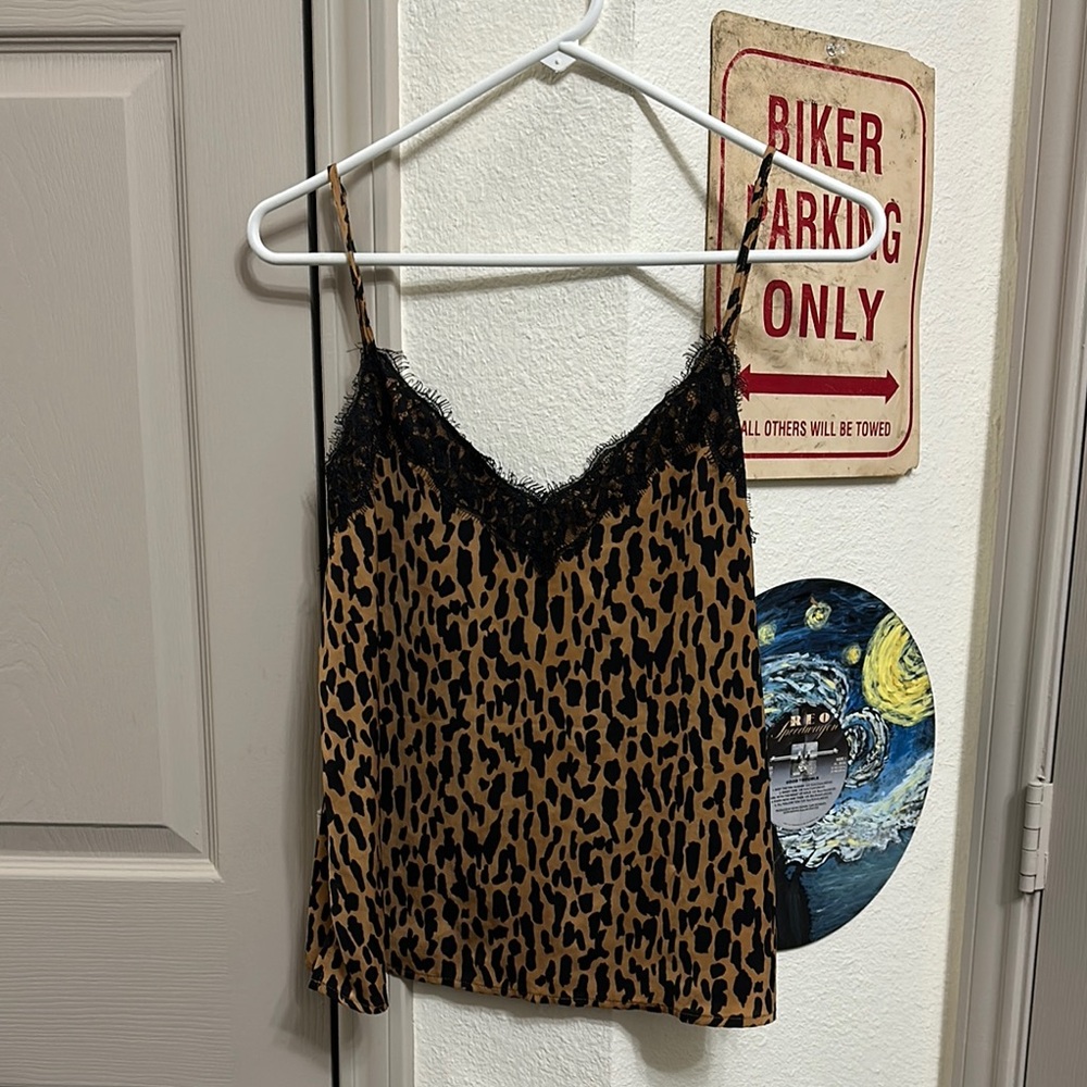 Leopard Print Cami Top with Black Lace Trim